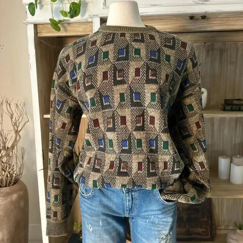 Vintage Geometric Sweater Earth Tones 80s Pullover Grunge Style Knitwear Size L